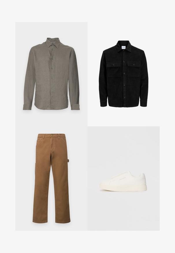 Zwarte corduroy knopenjack met twee voorste klepzakken en een klassieke kraag, lange mouwen en ribbelstructuur.; Lichtgrijze langemouwenshirt van linnen, met een knoopsluiting aan de voorkant, kraag en manchetten. Soepele textuur met een subtiel weefpatroon.; Bruine katoenen cargobroek met rechte pijpen, uitgerust met zijzakken en een metalen knoopsluiting in de taille. Glad textuur en casual ontwerp.; Witte instap sneakers met een gestructureerd oppervlak, een dikke zool en een minimalistisch ontwerp. Bevat het merklogo aan de zijkant.