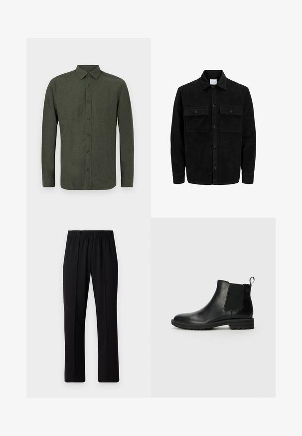 Black corduroy button-up jacket with two front flap pockets and a classic collar, long sleeves, and ribbed texture.; Dark green long-sleeve button-up shirt with collar, displayed flat against white background.; Black, elastic-waist trousers with a straight-leg design, featuring a smooth texture and no visible patterns or hardware.; Jack & Jones JFWHOSKINS - Classic ankle boots - anthracite