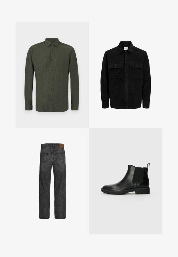 Crni kožni kord jakna na dugmad s dva prednja džepa s preklopom i klasičnim ovratnikom, dugim rukavima i rebrastom teksturom.; Tamnozeleno dugoročno košulja na dugmadi s ovratnikom, prikazana ravno na bijeloj pozadini.; Crna traperica s ravnim nogavicama, pet džepova i smešnim kožnim oznakom na pojasu. Tekstura tkanine sa detaljima šivanja.; Jack & Jones JFWHOSKINS - Klasične gležnjače - anthracite