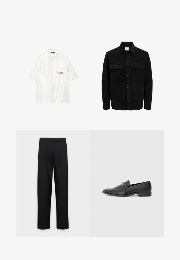 Sort fløjl button-up jakke med to frontlommer og klassisk krave, lange ærmer og ribbet tekstur.; Hvid kortærmet skjorte med lodrette marineblå striber, knaplukning foran og rød broderet tekst, der står "Fra mandag til fredag kl. 17."; Sorte bukser lavet af glat stof, med et lige ben-design, to frontfolder og en standard talje med bæltestropper.; Sorte læder loafers med en glat finish, der har et syet design og et dekorativt metal kædeaccent hen over vamps. Flad hæl.