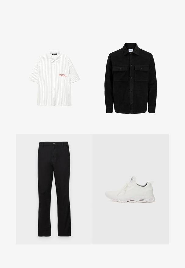 Schwarze Corduroy-Button-Up-Jacke mit zwei frontalem Klappentaschen und klassischem Kragen, langen Ärmeln und gerippter Textur.; Weißes kurzärmliges Hemd mit vertikalen marineblauen Streifen, Knopfleiste und rotem besticktem Text "Von Montag bis Freitag 17 Uhr."; Schwarze Baumwollhose mit geradem Bein, ausgestattet mit einem Knopfverschluss, Vorder- und Gesäßtaschen sowie einer glatten Textur.; Weiße Sportschuhe mit einem strukturierten Strickobermaterial, flachen Schnürsenkeln und einer gepolsterten Sohle mit sichtbaren Luftkammern für zusätzlichen Halt.