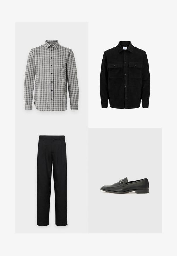 Juodas velveto mygtukų švarkas su dviem priekiniais kišenėmis su atvartais, klasikiniu apykakle, ilgomis rankovėmis ir raukšlėtu paviršiumi.; Vyrų ilgo rankovės marškiniai pilkos spalvos su patikimos raštu, su mygtukų apykakle ir juodais mygtukais, pagaminti iš minkštos medžiagos.; Juodi kelnių modeliai, pagaminti iš lygios medžiagos, turi tiesią kojas, du priekiniai klostės ir standartinę juosmenį su diržo kilpomis.; Juodos odinės loafer tipo bateliai su lygiu paviršiumi, turintys siuvinėtą dizainą ir dekoratyvų metalo grandinėlės akcentą ant batų viršaus. Plokščias kulnas.
