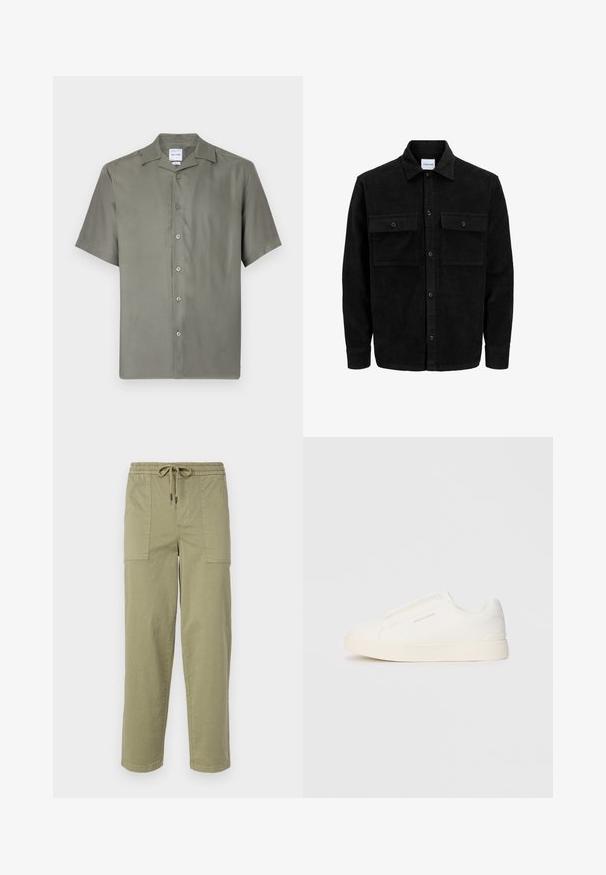 Mustmustöös nupuga jope, millel on kaks eesmist klapiga taskut ja klassikaline kaelus, pikad varrukad ning ribakujuline tekstuur.; Lühikese varrukaga nööbiga särgid tuhmrohelisest kangast. Omab klassikalist kraed, seitset nööpi ees ning vabalt langevat lõiget. Sile tekstuur.; Kerged oliivrohelised püksid, mis on valmistatud puuvilla segakangast, elastse vöökoha ja nööriga, ning kahel suurel küljeosal.; Valged libisemiskindlad tossud tekstuuriga pinnaga, paksu tallaga ja minimalistikus disainis. Küljel on brändi logo.