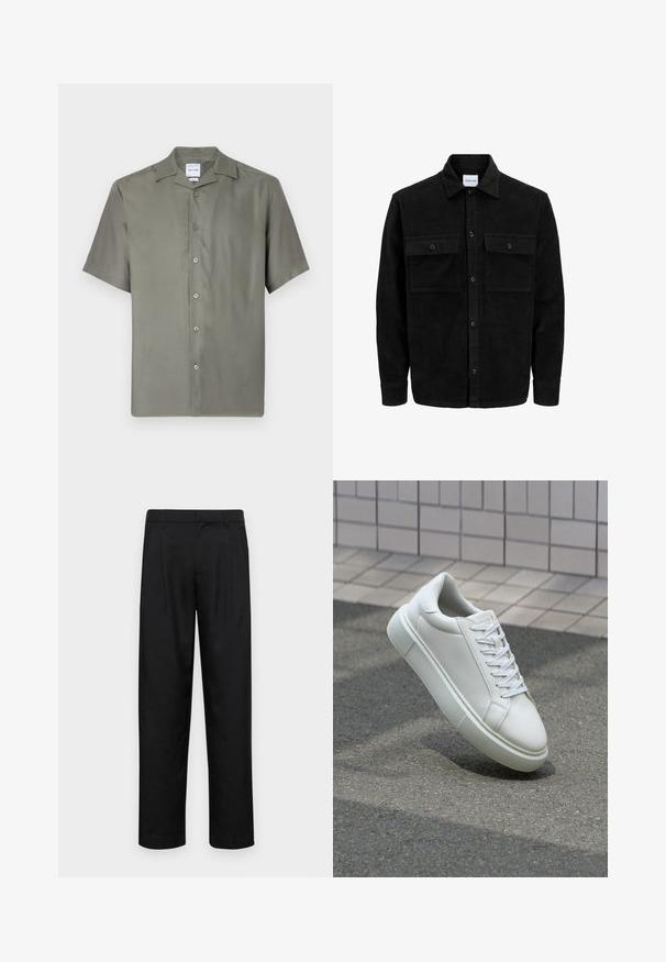 Veste en velours côtelé noire à boutons, avec deux poches à rabat à l'avant et un col classique, des manches longues et une texture côtelée.; Chemise à manches courtes en tissu olive vert atténué. Dotée d'un col classique, de sept boutons sur le devant et d'une coupe décontractée. Texture lisse.; Pantalons noirs en tissu lisse, avec une coupe droite, deux plis avant et une taille standard avec passants de ceinture.; Baskets en cuir blanc avec une surface lisse, bout rond et lacets plats blancs. Présentent une semelle en caoutchouc texturée et des éléments de design minimalistes.