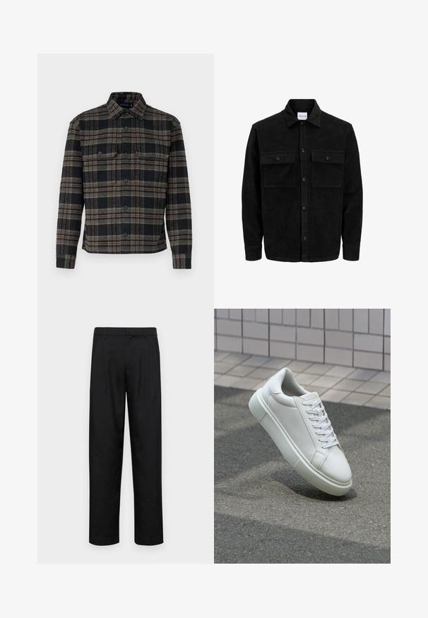 Zwarte corduroy knopenjack met twee voorste klepzakken en een klassieke kraag, lange mouwen en ribbelstructuur.; Zwarte en grijze geruite jas met een kraag, knopen aan de voorkant en twee borstzakken. Gemaakt van een gestructureerde stof.; Zwarte broeken van gladde stof, met een recht model, twee voorknikken en een standaard tailleband met riemlussen.; Witte leren sneaker met een glad oppervlak, ronde neus en platte witte veters. Voorzien van een gestructureerde rubberen zool en minimale ontwerpelementen.