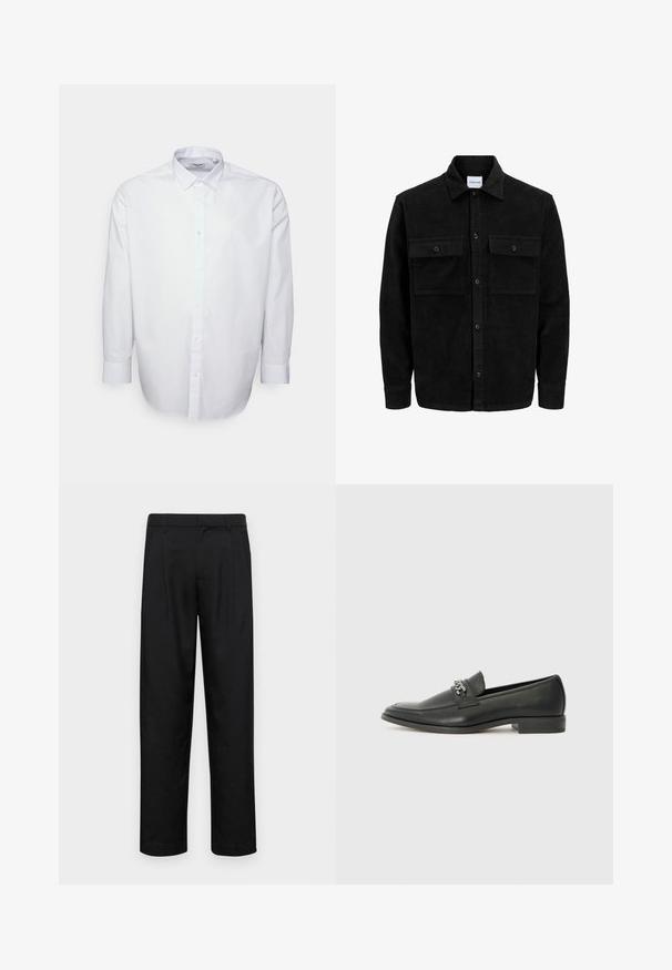 Veste en velours côtelé noire à boutons, avec deux poches à rabat à l'avant et un col classique, des manches longues et une texture côtelée.; Chemise blanche à manches longues, col classique et patte de boutonnage à l'avant. Confectionnée en tissu léger et lisse avec une coupe régulière.; Pantalons noirs en tissu lisse, avec une coupe droite, deux plis avant et une taille standard avec passants de ceinture.; Mocassin en cuir noir avec une finition lisse, présentant un design cousu et une accent décoratif en chaîne métallique sur le rand. Talon plat.