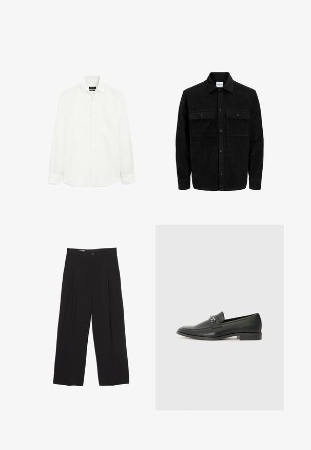Zwarte corduroy knopenjack met twee voorste klepzakken en een klassieke kraag, lange mouwen en ribbelstructuur.; Witte langemouwige shirt van zachte stof, met een klassieke kraag, een sluiting met knopen aan de voorkant en een rechte zoom. Geen patronen of accenten.; Zwarte wijde broek gemaakt van gladde stof, met een platte tailleband, voorplooien en een enkele knoopsluiting.; Zwarte leren instapper met een gladde afwerking, voorzien van een gestikt ontwerp en een decoratieve metalen kettingaccent over de wreef. Platte hak.