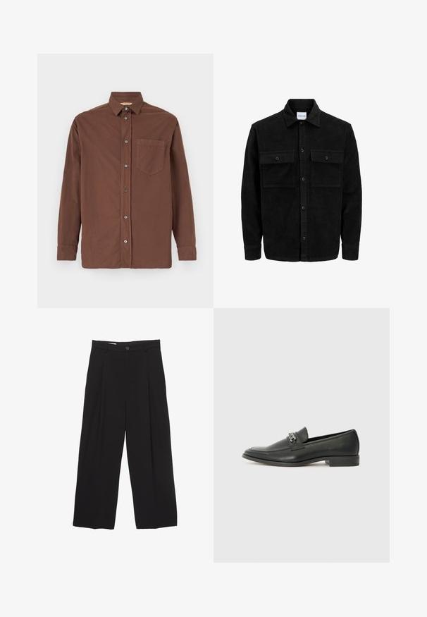 Črna kordurojska jakna z gumbi, z dvema sprednjima žepoma z zavihkom in klasičnim ovratnikom, dolgimi rokavi ter rebrasto teksturo.; Rjava srajca z gumbi, ovratnikom, dolgimi rokavi, enim žepom na prsih in sivimi gumbi, izdelana iz teksturirane tkanine.; Črne široke hlače iz gladkega blaga, z ravnim pasom, sprednjimi povešalnimi pregibi in enim gumbom za zapiranje.; Črni usnjeni loafer z gladko površino, ki ima šivano zasnovo in dekorativni kovinski verižni naglas preko vampirja. Ravno peto.