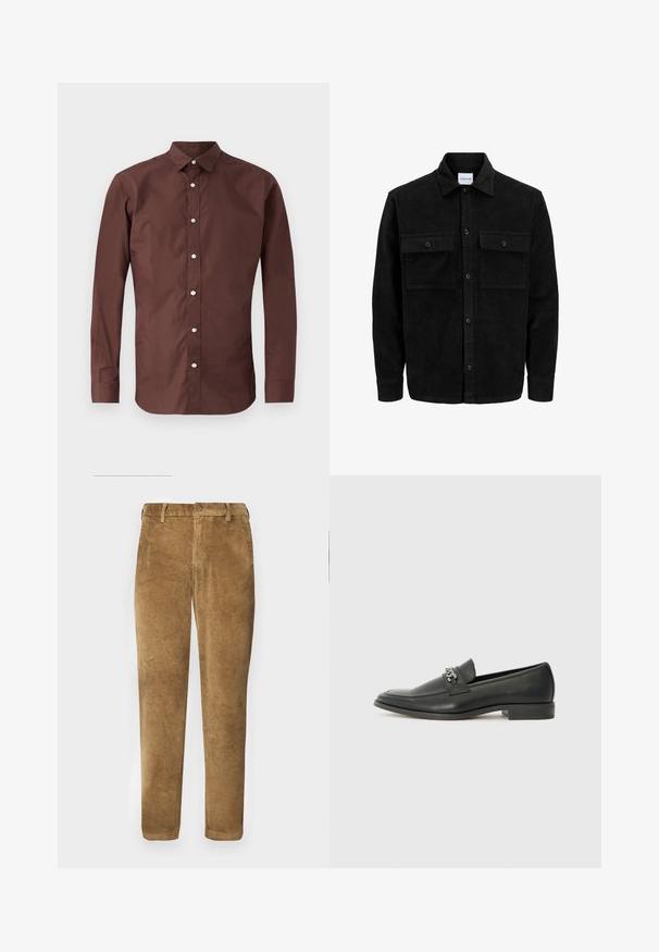 Zwarte corduroy knopenjack met twee voorste klepzakken en een klassieke kraag, lange mouwen en ribbelstructuur.; Bruine langemouwen shirt van soepele katoen. Bevat een button-down kraag en knopen aan de voorkant met een smalle, op maat gemaakte pasvorm.; Bruine corduroybroek met verticale ribbeltextuur, rechte snit, knoopsluiting en riemlussen. Gladde stof met een zachte afwerking.; Zwarte leren instapper met een gladde afwerking, voorzien van een gestikt ontwerp en een decoratieve metalen kettingaccent over de wreef. Platte hak.