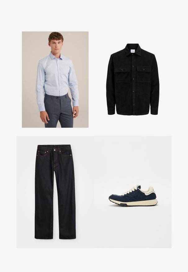 Čierna kordúrová bunda s gombíkmi, dvoma prednými vreckami so záklopkou a klasickým golierom, dlhými rukávmi a ryhovanou textúrou.; Svetlomodrá košeľa na gombíky vyrobená z hladkej bavlny s dlhými rukávmi a špicatým golierom, v kombinácii s tmavosivými štýlovými nohavicami.; Pánske rovné čierne riflové nohavice s piatimi vreckami a oranžovým prešívaním, s gombíkom a zipsom na prednom páse.; Námornícke modré tenisky s textúrovaným semišovým vrchom, krémovými šnúrkami a béžovou medzipodrážkou. Majú klasický atletický dizajn a gumovú podrážku.