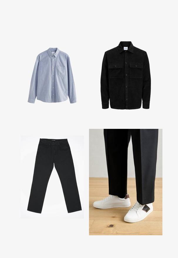 Zwarte corduroy knopenjack met twee voorste klepzakken en een klassieke kraag, lange mouwen en ribbelstructuur.; Lichtblauw overhemd met lange mouwen, gemaakt van katoen, met een button-down kraag, zes knopen en een borstzak met een zachte textuur.; Zwarte spijkerbroek van denim met een recht model, vijf zakken en een klassieke tailleband. De stof heeft een gladde textuur en minimale afwerking.; Witte sneakers met een gladde textuur, voorzien van bruine lederen accenten en zwarte details, gecombineerd met zwarte maatpakken. Achtergrond van houten vloeren.