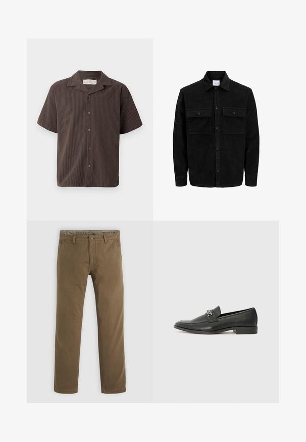 Juodas velveto mygtukų švarkas su dviem priekiniais kišenėmis su atvartais, klasikiniu apykakle, ilgomis rankovėmis ir raukšlėtu paviršiumi.; Tamsiai ruda trumpomis rankovėmis palaidinė su šviesiomis vertikaliomis juostelėmis, su apykakle, mygtukų užsegimu ir laisvu siluetu. Minkšta medžiaga ir glotnus paviršius.; Chaki spalvos medvilninės kelnės su tiesiu sijonu, turinčios knopkę, dvi priekines kišenes ir lygią tekstūrą.; Juodos odinės loafer tipo bateliai su lygiu paviršiumi, turintys siuvinėtą dizainą ir dekoratyvų metalo grandinėlės akcentą ant batų viršaus. Plokščias kulnas.