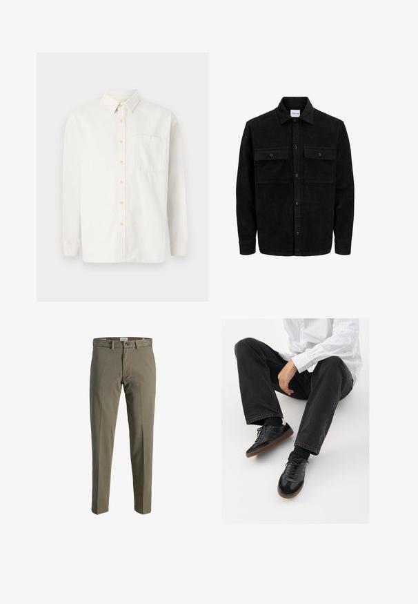 Mustmustöös nupuga jope, millel on kaks eesmist klapiga taskut ja klassikaline kaelus, pikad varrukad ning ribakujuline tekstuur.; Valge pikakarvane särk, mis on valmistatud puuvillasegistusest, omades nööpidega kaelust, kollaseid nööpe ja ühte rinnataskut. Klassikaline lõige.; Jack & Jones JPSTKANE BARRET - Püksid - crocodile; Mustad spordijalatsid siledast ja tekstuurilisest ülemisest osast, millel on kummist tald ja tumedad nöörid. Kombineeritud mustade teksade ja valge triibulise särgiga.