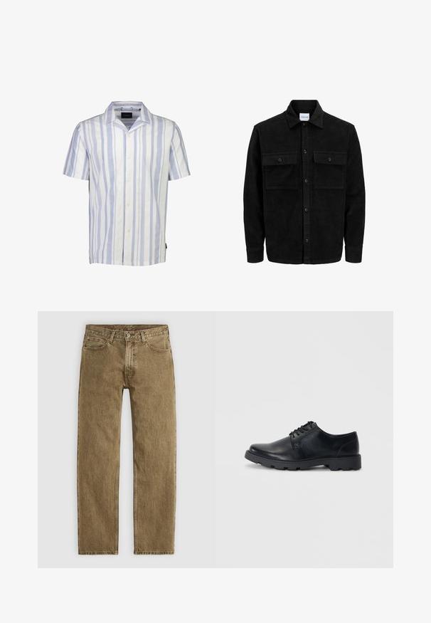 Mustat corduroy-nappi takki, jossa on kaksi etupistotaskua ja klassinen kaulus, pitkät hihat ja ribattu pinta.; Lyhythihainen nappikauluspaita valkoisilla ja vaaleansinisillä pystyraidoilla. Valmistettu kevyestä kankaasta, jossa on klassinen kaulus ja viisi nappia.; Vaaleanruskeat farkut, joissa on suora lahjetyyli, viisi taskua ja kuparinväriset yksityiskohdat. Rakennetta antava kangas näkyvillä ompelusaumoilla.; Mustat nahkaiset nauhakenkiä, joissa on pyöristetty kärki, matala kumipohja ja hienovaraiset ompeluyksityiskohdat reunoilla.