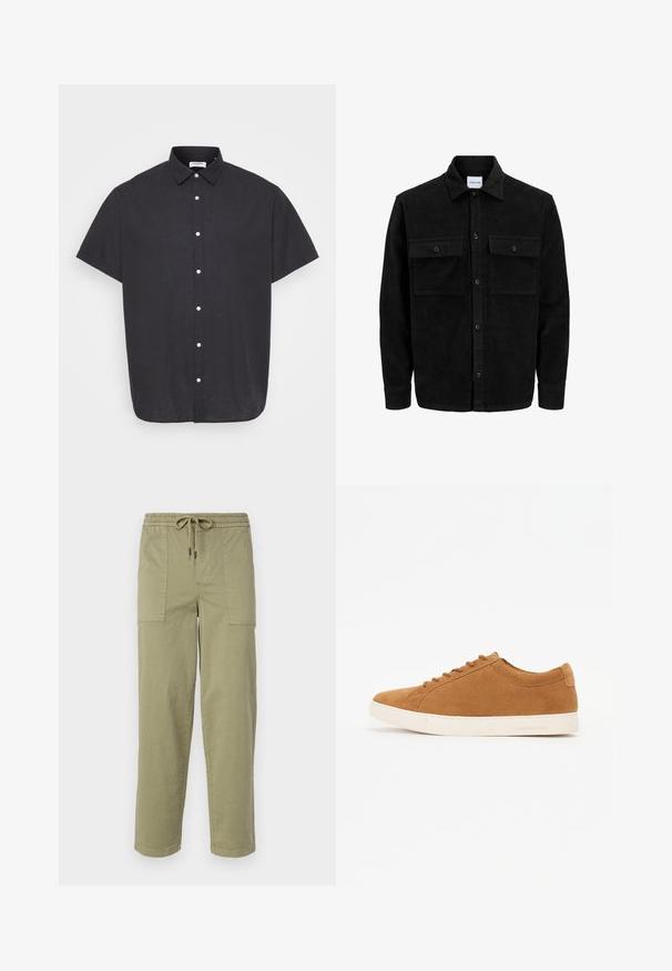 Veste en velours côtelé noire à boutons, avec deux poches à rabat à l'avant et un col classique, des manches longues et une texture côtelée.; Chemise noire à manches courtes, boutonnée, en tissu léger, dotée d'un col classique et de boutons blancs sur le devant.; Pantalons vert olive clair en tissu mélangé coton, dotés d'une taille élastique avec cordon de serrage et de deux grandes poches latérales.; Baskets en daim marron avec un design basse, semelle en caoutchouc blanche et bout rond. Présente des lacets assortis et un branding minimal au niveau du talon.