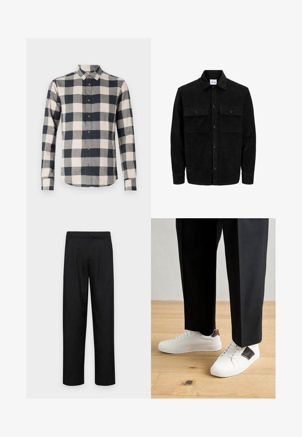 Zwarte corduroy knopenjack met twee voorste klepzakken en een klassieke kraag, lange mouwen en ribbelstructuur.; Langsleeve overhemd in marineblauw en crèmekleurig ruitpatroon, met button-down kraag, gemaakt van katoen, met een gebogen zoom en contrasterende knopen.; Zwarte broeken van gladde stof, met een recht model, twee voorknikken en een standaard tailleband met riemlussen.; Witte sneakers met een gladde textuur, voorzien van bruine lederen accenten en zwarte details, gecombineerd met zwarte maatpakken. Achtergrond van houten vloeren.