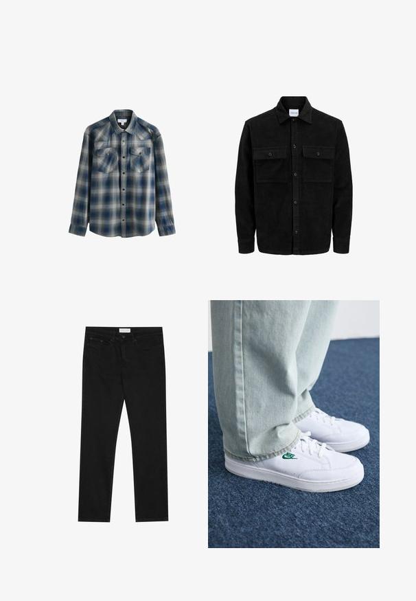 Schwarze Corduroy-Button-Up-Jacke mit zwei frontalem Klappentaschen und klassischem Kragen, langen Ärmeln und gerippter Textur.; Blau- und grau kariertes Langarmhemd mit Button-Down-Kragen, zwei Brusttaschen und leicht verblichener Textur. Eigenschaften sind Druckknopfverschlüsse.; Schwarze gerade Jeans mit Fünf-Taschen-Design, Knopf- und Reißverschluss, und einem Pier One-Label am Bund.; Weiße Leder-Sneaker mit grünem Nike-Logo, runde Zehenpartie, flache Sohle, kombiniert mit hellblauen Jeans, präsentiert auf einem blauen Teppich.