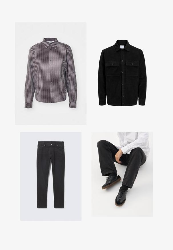 Črna kordurojska jakna z gumbi, z dvema sprednjima žepoma z zavihkom in klasičnim ovratnikom, dolgimi rokavi ter rebrasto teksturo.; Srajca z dolgimi rokavi, z gumbki na zapenjanju, v navpičnem in vodoravnem karirastem vzorcu v temno modri in burgundski barvi, s ovratnikom in dvema sprednjima gumboma.; Črne denim hlače slim fit kroja, z sprednjimi žepi, gumbastim zapiranjem in diskretnimi šivi ob stranskih šivih.; Črne superge z gladkim in strukturiranim zgornjim delom, ki vključuje gumijast podplat in temne vezalke. Uvrščene so z štručasto črnimi kavbojkami in belo črtasto majico.