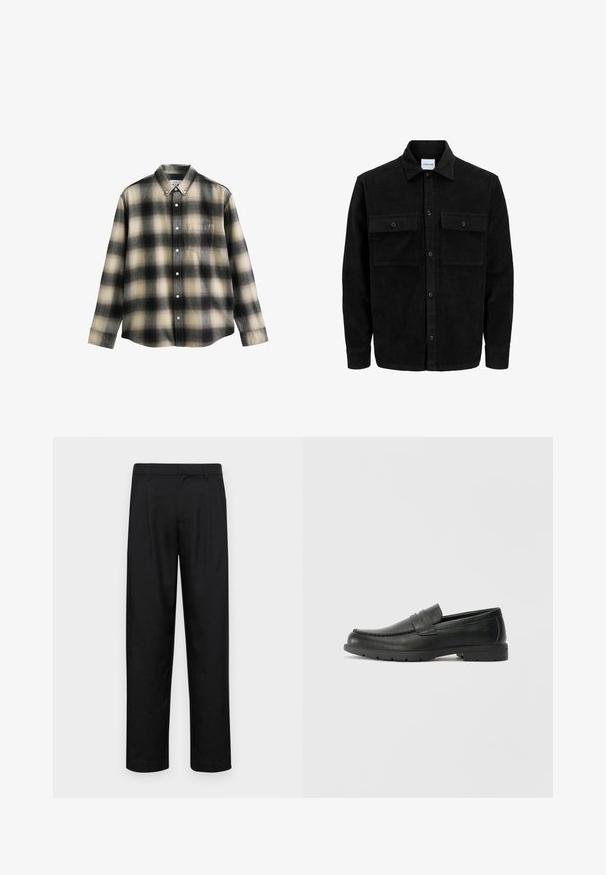 Sort fløjl button-up jakke med to frontlommer og klassisk krave, lange ærmer og ribbet tekstur.; Langærmet ternet skjorte i sort, creme og grå. Har en button-down krave, frontlomme og hvide knapper. Blødt stof.; Sorte bukser lavet af glat stof, med et lige ben-design, to frontfolder og en standard talje med bæltestropper.; Sorte læderslippers med en glat finish, mokkasin-stil overdel, syninger og gummisål. Klassisk design med en lav hæl.