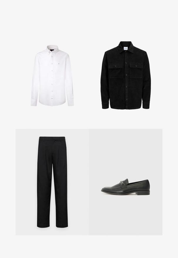 Sort fløjl button-up jakke med to frontlommer og klassisk krave, lange ærmer og ribbet tekstur.; Hvid langærmet skjorte lavet af bomuld. Har en klassisk button-down krave, frontknapper og et lille blåt logo på venstre bryst.; Sorte bukser lavet af glat stof, med et lige ben-design, to frontfolder og en standard talje med bæltestropper.; Sorte læder loafers med en glat finish, der har et syet design og et dekorativt metal kædeaccent hen over vamps. Flad hæl.