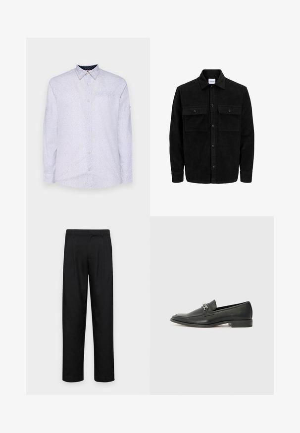 Zwarte corduroy knopenjack met twee voorste klepzakken en een klassieke kraag, lange mouwen en ribbelstructuur.; Wit overhemd met lange mouwen en kleine marineblauwe stippen, met een button-down kraag en een borstzak. Voorzien van knoopsluiting aan de manchetten en een gladde textuur.; Zwarte broeken van gladde stof, met een recht model, twee voorknikken en een standaard tailleband met riemlussen.; Zwarte leren instapper met een gladde afwerking, voorzien van een gestikt ontwerp en een decoratieve metalen kettingaccent over de wreef. Platte hak.
