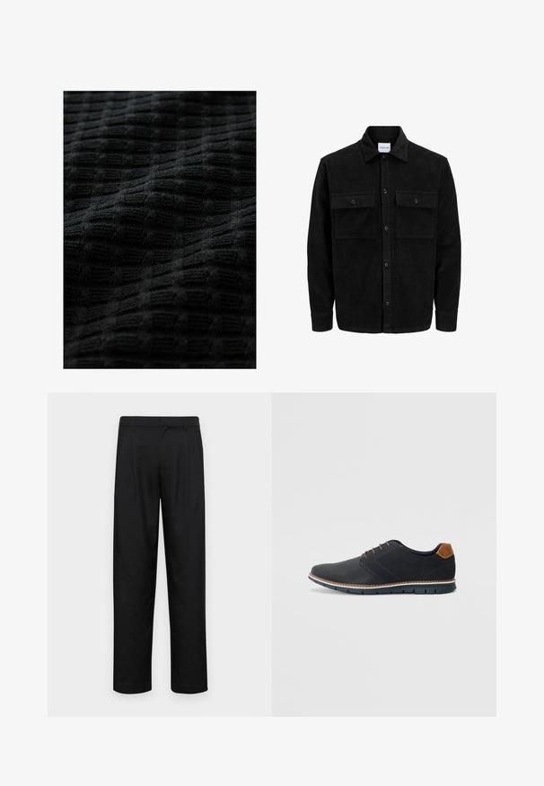 Schwarze Corduroy-Button-Up-Jacke mit zwei frontalem Klappentaschen und klassischem Kragen, langen Ärmeln und gerippter Textur.; Schwarzer Strickstoff mit einem strukturierten, gitterartigen Muster, bei dem erhabene Quadrate Tiefe und ein weiches, taktiles Aussehen verleihen.; Schwarze Hose aus glattem Stoff, mit geradem Bein Design, zwei vorderen Falten und einem Standardbund mit Gürtelschlaufen.; Schwarze synthetische Schuhe mit einer strukturierten Oberseite, glatten Akzenten, braunem Absatz und einer kontrastierenden Sohle. Verfügt über minimale Schnürung und Nähdetails.