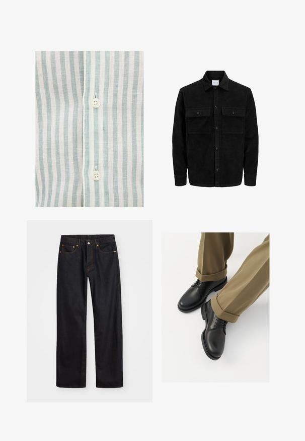 Schwarze Corduroy-Button-Up-Jacke mit zwei frontalem Klappentaschen und klassischem Kragen, langen Ärmeln und gerippter Textur.; Gestreiftes Hemd mit hellblauen und weißen senkrechten Streifen, aus leichtem Stoff, mit sichtbarem weißen Knopf und genähten Details.; Herren gerade geschnittene schwarze Jeans aus Denim mit fünf Taschen und orangefarbenen Nähten, Knopf- und Reißverschluss vorne am Bund.; Schwarze Lederschuhe mit glatter Oberfläche, versehen mit Schnürsenkeln und einer runden Zehenpartie, kombiniert mit hochgekrempelten khakifarbenen Hosen.