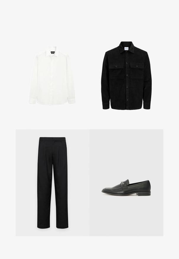 Schwarze Corduroy-Button-Up-Jacke mit zwei frontalem Klappentaschen und klassischem Kragen, langen Ärmeln und gerippter Textur.; Weißes Langarmhemd mit klassischem Kragen, durchgehender Knopfleiste und geradem Saum. Hergestellt aus leichtem Material mit glatter Oberfläche.; Schwarze Hose aus glattem Stoff, mit geradem Bein Design, zwei vorderen Falten und einem Standardbund mit Gürtelschlaufen.; Schwarzer Lederloafer mit glatter Oberfläche, ausgestattet mit einer gesteppten Gestaltung und einem dekorativen Metallkettendetail über dem Vorderblatt. Flacher Absatz.