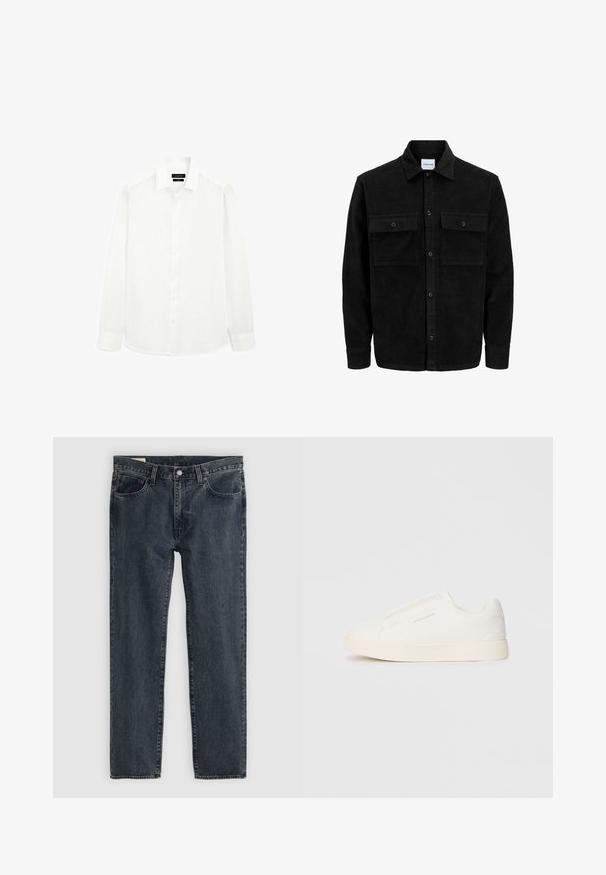 Sort fløjl button-up jakke med to frontlommer og klassisk krave, lange ærmer og ribbet tekstur.; Hvid langærmet skjorte med klassisk krave, knaplukning foran og lige skæring i kanten. Lavet af letvægtsstof med en glat overflade.; Mørkeblå denimjeans med lige ben-design, fem lommer og knap-lynlås. Stoffet viser en subtil falmning og tekstur.; Hvide slip-on sneakers med en struktureret overflade, en tyk sål og et minimalistisk design. Har brandlogoet på siden.
