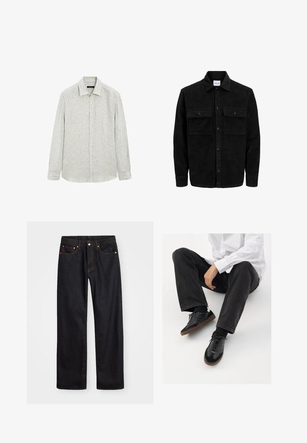 Czarna kurtka z korduru z guzikami, z dwoma przednimi kieszeniami na klapki oraz klasycznym kołnierzem, długimi rękawami i ryżowym splotem.; Koszulka w paski, zapinana na guziki, w jasnoszarym i białym kolorze, wykonana z blendu bawełny i lnu. Posiada klasyczny kołnierzy, długie rękawy z guzikami przy mankietach.; Męskie jeansy w prostym kroju, czarne, z pięcioma kieszeniami oraz pomarańczowymi strefami, z zapięciem na guzik i zamek z przodu w pasie.; Czarne sneakersy z gładką i textured cholewką, z gumową podeszwą i ciemnymi sznurowadłami. Połączone z czarnymi dżinsami i bluzką w białe paski.
