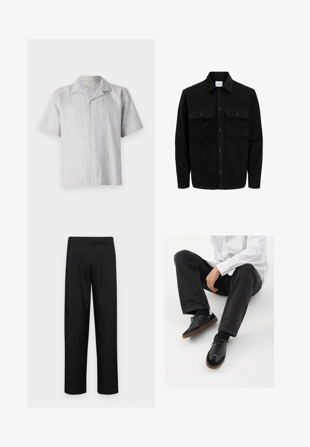 Giacca in corduroy nera con bottoni, due tasche anteriori con patta, colletto classico, maniche lunghe e texture a coste.; Camicia a maniche corte con bottoni in lino a righe blu chiaro e bianche. Presenta un colletto classico e un orlo dritto, con cinque bottoni sul davanti.; Pantaloni neri realizzati in tessuto liscio, caratterizzati da un taglio dritto, due pieghe frontali e una vita standard con passanti per la cintura.; Sneaker nere con una tomaia liscia e testurizzata, con suola in gomma e lacci scuri. Abbinati a jeans neri e una camicia bianca a righe.