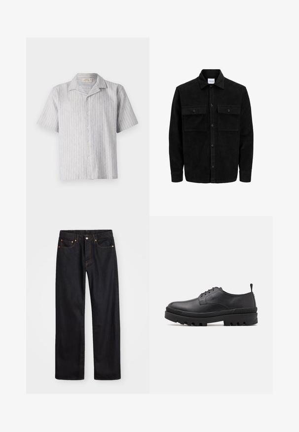 Zwarte corduroy knopenjack met twee voorste klepzakken en een klassieke kraag, lange mouwen en ribbelstructuur.; Korte mouwen overhemden in lichtblauw en witte gestreepte linnen. Bevat een klassieke kraag en een rechte zoom, met vijf knopen aan de voorkant.; Heren straight-leg zwarte denim jeans met vijf zakken en oranje stiksels, knoop- en ritssluiting op de voorkant van de tailleband.; Zwarte leren schoen met een ronde neus, vetersluiting en stevige rubberen zool. Heeft een trekkoord aan de hiel en getextureerde accenten.