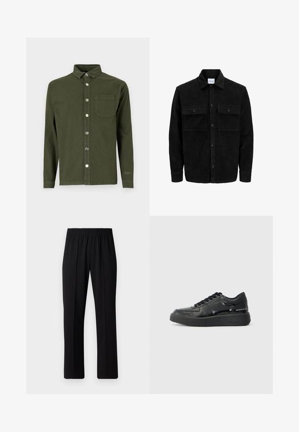 Schwarze Corduroy-Button-Up-Jacke mit zwei frontalem Klappentaschen und klassischem Kragen, langen Ärmeln und gerippter Textur.; Denim Project STITCH DETAIL - Hemd - duffel bag green; Schwarze, Gummibund-Hosen mit geradem Schnitt, die eine glatte Textur aufweisen und keine sichtbaren Muster oder Beschläge haben.; Schwarze LederSneaker mit glatter Oberfläche, runder Zehenform und kontrastierender schwarzer Gummisohle. Mit flachen Schnürsenkeln und Branding an der Seite.