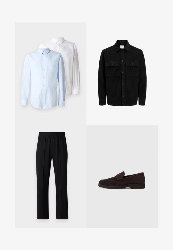 Black corduroy button-up jacket with two front flap pockets and a classic collar, long sleeves, and ribbed texture.; Two long-sleeve shirts: one light blue with vertical stripes, and one solid white. Both feature button-up fronts and collar details.; Black, elastic-waist trousers with a straight-leg design, featuring a smooth texture and no visible patterns or hardware.; Brown suede loafers with a low profile and rounded toe. Features a decorative strap across the upper, flat rubber sole, and no visible stitching.