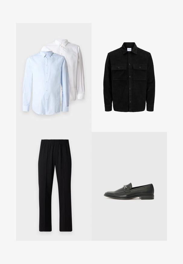Schwarze Corduroy-Button-Up-Jacke mit zwei frontalem Klappentaschen und klassischem Kragen, langen Ärmeln und gerippter Textur.; Zwei Langarmhemden: eines hellblau mit vertikalen Streifen und eines in einfarbigem Weiß. Beide haben Knopfleisten und Kragendetails.; Schwarze, Gummibund-Hosen mit geradem Schnitt, die eine glatte Textur aufweisen und keine sichtbaren Muster oder Beschläge haben.; Schwarzer Lederloafer mit glatter Oberfläche, ausgestattet mit einer gesteppten Gestaltung und einem dekorativen Metallkettendetail über dem Vorderblatt. Flacher Absatz.