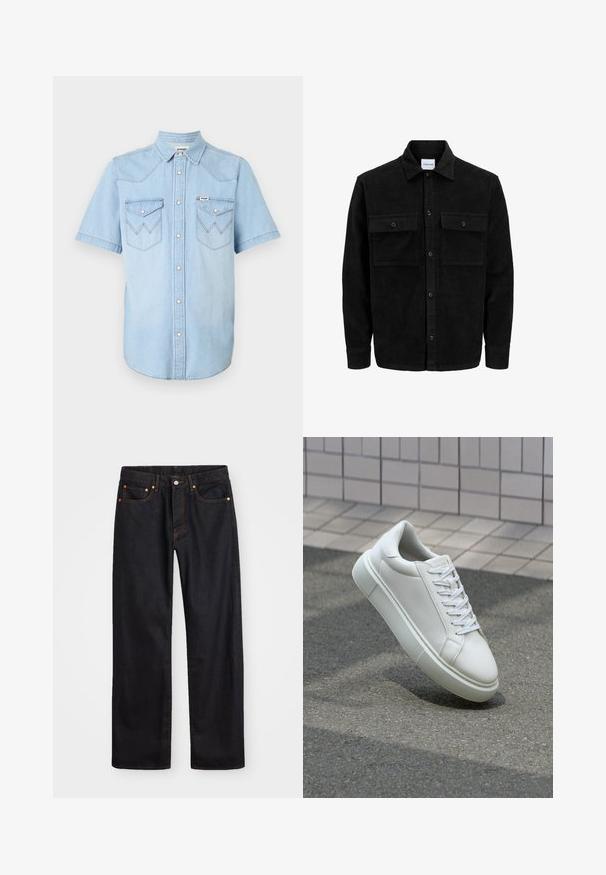 Chaqueta de pana negra con botones, dos bolsillos delanteros con solapa y un cuello clásico, mangas largas y textura acanalada.; Camisa de mezclilla de manga corta en azul claro con cuello tipo polo, botones a presión y dos bolsillos en el pecho con costura en zigzag.; Jeans de mezclilla negros de pierna recta para hombre, con cinco bolsillos y costuras en color naranja, cierre de botón y cremallera en la parte delantera de la cintura.; Zapatilla de cuero blanca con una superficie lisa, punta redonda y cordones blancos planos. Presenta una suela de goma texturizada y elementos de diseño mínimos.