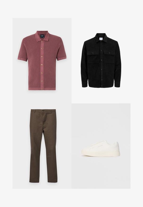 Black corduroy button-up jacket with two front flap pockets and a classic collar, long sleeves, and ribbed texture.; Short-sleeve, textured polo shirt in dusty rose, featuring a button-up front with wooden buttons and a contrasting collar.; Brown cotton trousers with a straight-leg design, featuring a button closure and belt loops, smooth texture without patterns or accents.; White slip-on sneakers with a textured surface, a thick sole, and minimalistic design. Features brand logo on the side.