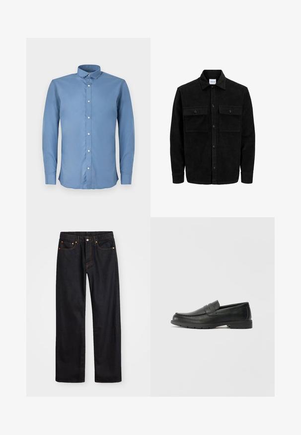 Giacca in corduroy nera con bottoni, due tasche anteriori con patta, colletto classico, maniche lunghe e texture a coste.; Camicia azzurra a maniche lunghe con colletto a polo, caratterizzata da una texture liscia e sei bottoni bianchi lungo il davanti.; Jeans neri in denim dritto da uomo con cinque tasche e cuciture arancioni, chiusura con bottone e zip sulla vita anteriore.; Mocassini neri in pelle con una finitura liscia, parte superiore in stile mocassino, dettagli cuciti e suola in gomma. Design classico con tacco basso.