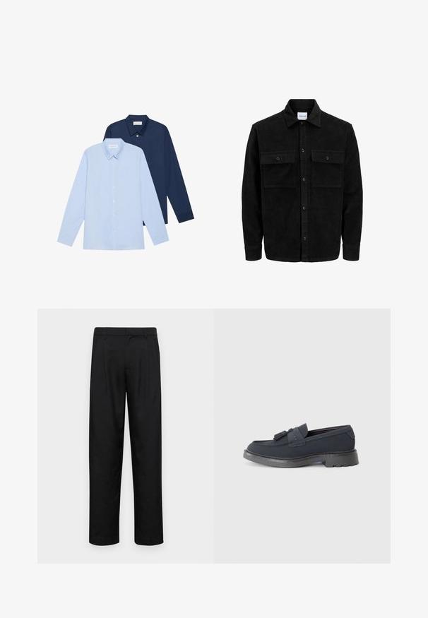 Veste en velours côtelé noire à boutons, avec deux poches à rabat à l'avant et un col classique, des manches longues et une texture côtelée.; Deux chemises à manches longues : une bleu clair et une marine. Les deux présentent des fermetures à boutons, des cols pointus et une texture de tissu lisse.; Pantalons noirs en tissu lisse, avec une coupe droite, deux plis avant et une taille standard avec passants de ceinture.; Mocassins bleu marine avec un dessus texturé, ornés de franges et dotés d'une semelle noire épaisse avec des reliefs pour une meilleure adhérence. Finition lisse et design structuré.