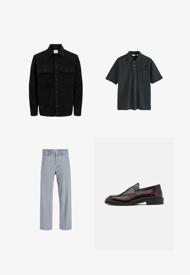 Mustmustöös nupuga jope, millel on kaks eesmist klapiga taskut ja klassikaline kaelus, pikad varrukad ning ribakujuline tekstuur.; Mustar T-särk, mis on valmistatud puuvillast, krae ja kolme nööbiga kinni tõmbamisega, lühikeste varrukatega ja rinnataskuga.; Heledad sinine teksapüksid, millel on mugav lõige, sirged sääred, nähtavad õmblused, kaks eesmist taskut ja nööbkinnisega sulgemine.; Burgundia nahkased loaferid, millel on sile viimistlus, ristküliku kujuline esiosa ning ümar varvas, mustast kummist talla abil.