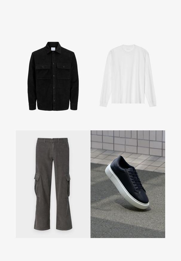 Giacca in corduroy nera con bottoni, due tasche anteriori con patta, colletto classico, maniche lunghe e texture a coste.; T-shirt bianca a maniche lunghe in cotone con colletto rotondo e polsi a coste. Design semplice e senza fronzoli, con texture liscia e vestibilità standard.; Pantaloni cargo in velluto grigio con design a gamba dritta, tasche laterali e una sottile texture ondulata. Chiusura con bottone e zip in vita.; Sneaker in pelle nera con punta arrotondata e suola in gomma bianca. Presenta lacci piatti e cuciture minime sulla parte superiore. Suola testurizzata per una migliore aderenza.