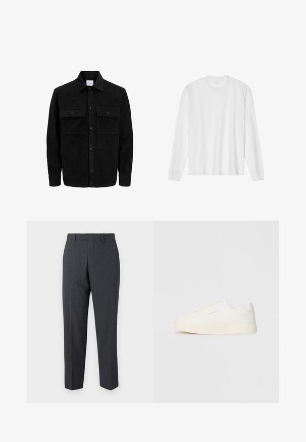 Černá kordurová košile s knoflíky, dvěma předními klopovými kapsami a klasickým límcem, dlouhými rukávy a vroubkovanou texturou.; Bílá bavlněná trička s dlouhými rukávy, kulatým výstřihem a žebrovanými manžetami. Jednoduchý, nezdobený design, s hladkou strukturou a standardním střihem.; Selected Homme SLHRELAXED LIAM PINSTRIPED FLEX - Kalhoty - dark grey; Bílé slip-on tenisky s texturovaným povrchem, silnou podešví a minimalistickým designem. Na boku je umístěno logo značky.