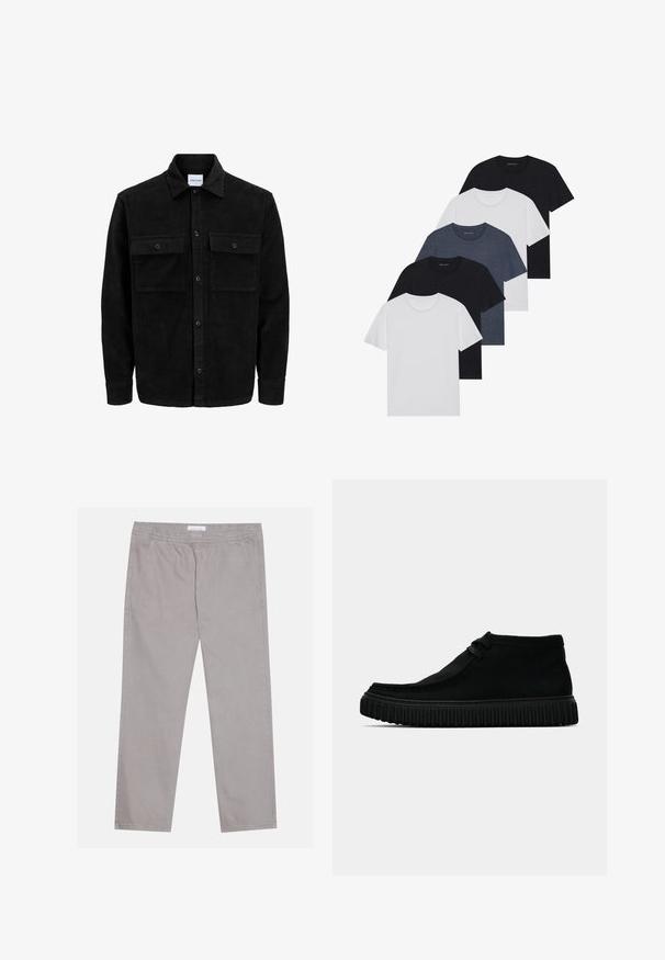 Černá kordurová košile s knoflíky, dvěma předními klopovými kapsami a klasickým límcem, dlouhými rukávy a vroubkovanou texturou.; Sada pěti triček v černé, bílé a námořnické modré barvě. Bavlněná tkanina, krátké rukávy, kulatý límec a hladký povrch bez vzorů.; Světle šedé bavlněné kalhoty s elastickým pasem, dvěma bočními kapsami, rovnými nohavicemi a hladkým povrchem. Jednoduché švy.; Černé kotníkové boty vyrobené z měkkého materiálu, s kulatou špičkou, minimálním šněrováním a texturovanou gumovou podrážkou s vertikálními drážkami.