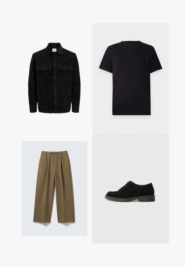 Schwarze Corduroy-Button-Up-Jacke mit zwei frontalem Klappentaschen und klassischem Kragen, langen Ärmeln und gerippter Textur.; Schwarzes Kurzarm-T-Shirt aus glattem Baumwollstoff, mit Rundhalsausschnitt und klassischer Passform, ohne Muster oder sichtbare Hardware.; Weite Hosen in Olivgrün, hergestellt aus weichem Stoff mit einem elastischen Bund und verstellbarem Kordelzug. Mit zwei Seitentaschen.; Schwarze Wildleder-Halbschuhe mit runder Spitze, kontrastierenden Nähten und einer Gummisohle. Minimalistische Schnürung und ein glattes Oberdesign.
