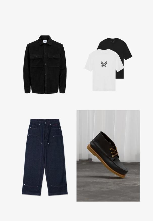 Jachetă din catifea neagră, cu butoni, două buzunare frontale cu clapetă și un guler clasic, mâneci lungi și textură ribbed.; Tricouri cu mânecă scurtă, în negru și alb, cu un grafic de fluture cu model de flăcără pe partea din față a tricoului alb. Material din bumbac.; Pantaloni largi din denim închis, cu două buzunare frontale, detalii din metal argintiu și cusături contrastante roșii. Prezintă o închidere cu nasture și logo-ul mărcii.; Pantofi din piele neagră cu o finisare netedă, vârf rotund, șireți maro și tălpi din cauciuc bej. Logo embosat pe lateral.