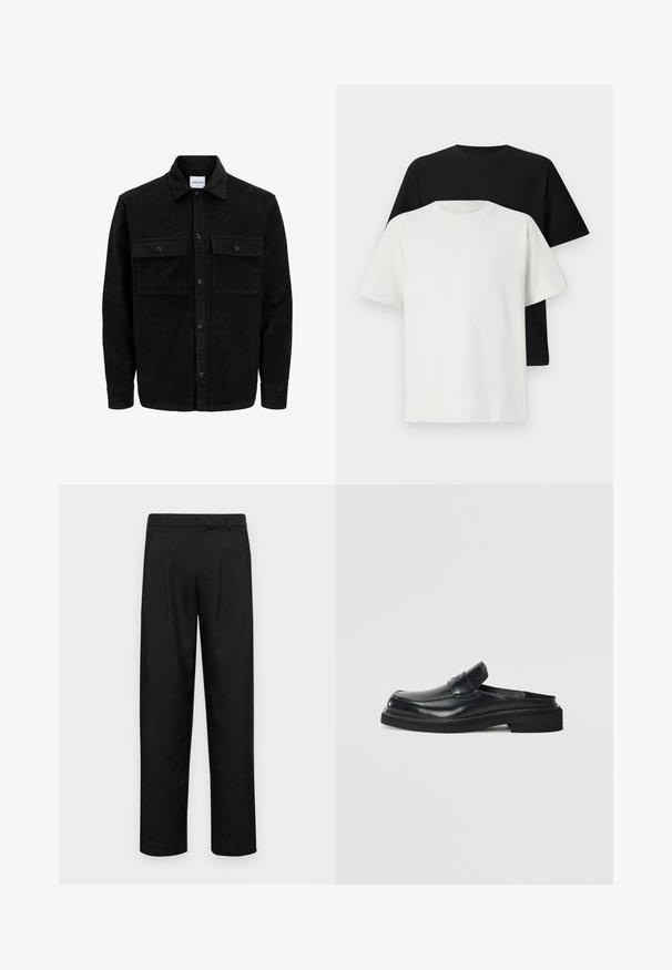 Giacca in corduroy nera con bottoni, due tasche anteriori con patta, colletto classico, maniche lunghe e texture a coste.; Set di t-shirt in cotone composto da una maglietta nera e una bianca, entrambe con maniche corte, scollatura rotonda e vestibilità standard. Tessuto testurizzato.; Pantaloni neri realizzati in tessuto liscio, caratterizzati da un taglio dritto, due pieghe frontali e una vita standard con passanti per la cintura.; Scarpa nera in pelle senza lacci con punta arrotondata, pannello frontale sollevato e suola in gomma spessa. Texture liscia con dettagli minimi.