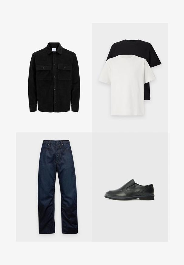 Crni kožni kord jakna na dugmad s dva prednja džepa s preklopom i klasičnim ovratnikom, dugim rukavima i rebrastom teksturom.; Set pamučnih majica koji uključuje crnu i bijelu majicu, obje s kratkim rukavima, okruglim izrezom i klasičnim krojem. Tekstura tkanine.; Tamno plave traperice ravnog kroja, s dva prednja džepa i šivenim detaljima na šavovima i pojasu.; Crne kožne cipele na sklapanje s glatkom gornjom površinom, prošivenim detaljima, zaobljenim vrhom i niskim gumene potplate. Potplat ima minimalne uzorke.