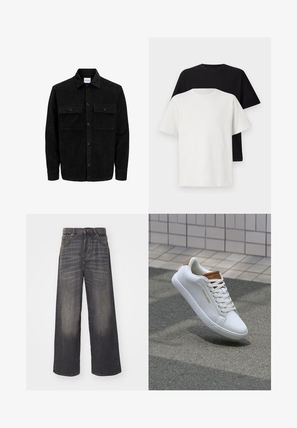 Mustat corduroy-nappi takki, jossa on kaksi etupistotaskua ja klassinen kaulus, pitkät hihat ja ribattu pinta.; Setti puuvillapaitoja, joissa on musta ja valkoinen paita, molemmat lyhythihaisilla, pyöreällä kaula-aukolla ja normaalilla istuvuudella. Teksturoitu kangas.; Leveitä lahkeita korkeavyötäröisiä farkkuja haalistuneessa mustassa denimmateriaalissa. Varustettu viidellä taskulla ja metalliosilla. Sujuva pinta, jossa on hienovaraisia kulutusetuja.; Valkoiset nahkakengät tasaisella pinnalla, ruskeat korostukset kantapäässä, kultainen logo sivussa ja kumipohja, jossa on karheaa pitoa.