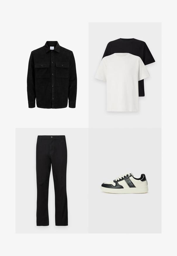 Black corduroy button-up jacket with two front flap pockets and a classic collar, long sleeves, and ribbed texture.; Cotton t-shirt set featuring a black top and a white top, both with short sleeves, round neckline, and standard fit. Textured fabric.; Black cotton trousers with a straight-leg design, featuring a button closure, front and back pockets, and smooth texture.; Leather sneakers with a black and cream color scheme, featuring perforated accents, a padded collar, and a textured outsole.