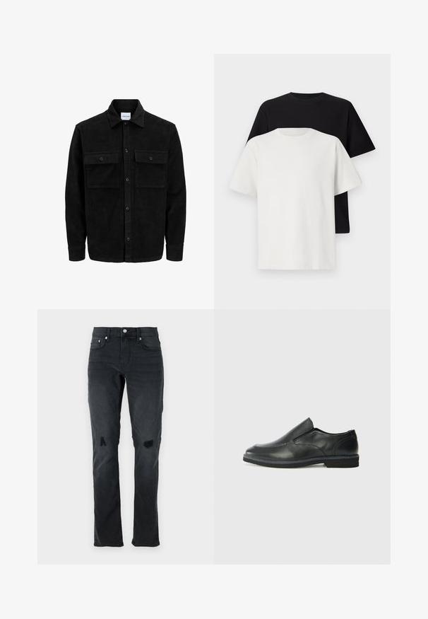 Czarna kurtka z korduru z guzikami, z dwoma przednimi kieszeniami na klapki oraz klasycznym kołnierzem, długimi rękawami i ryżowym splotem.; Zestaw bawełnianych t-shirtów zawierający czarną i białą koszulkę, obie z krótkimi rękawami, okrągłym dekoltem i standardowym krojem. Teksturowana tkanina.; Czarne dżinsy o slim fit, z delikatnym efektem przetarcia, dwoma podartymi kolanami oraz klasycznym pięciokomorowym stylem z zapięciem na guzik.; Czarne skórzane buty wsuwane z gładką cholewką, przeszyciami, okrągłym noskiem i niskim gumowym obcasem. Podeszwa ma minimalny bieżnik.